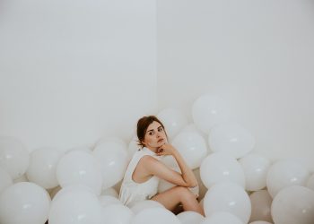 woman, balloons, white