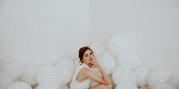 woman, balloons, white