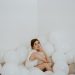 woman, balloons, white