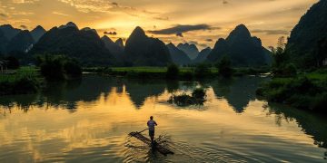 fisherman, fishing, sunset