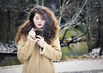 girl, snow, coffee