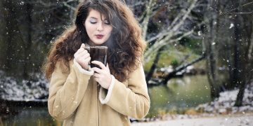 girl, snow, coffee